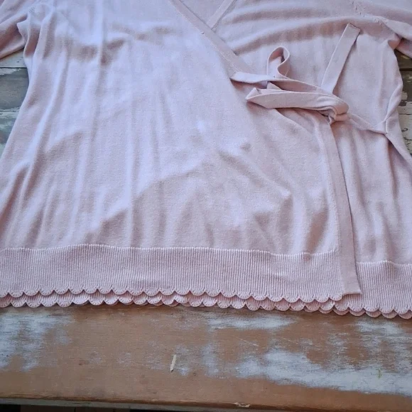 Isaac Mizrahi Soft Pink Wrap Cardigan with Scallop Hem - Picture 6 of 10